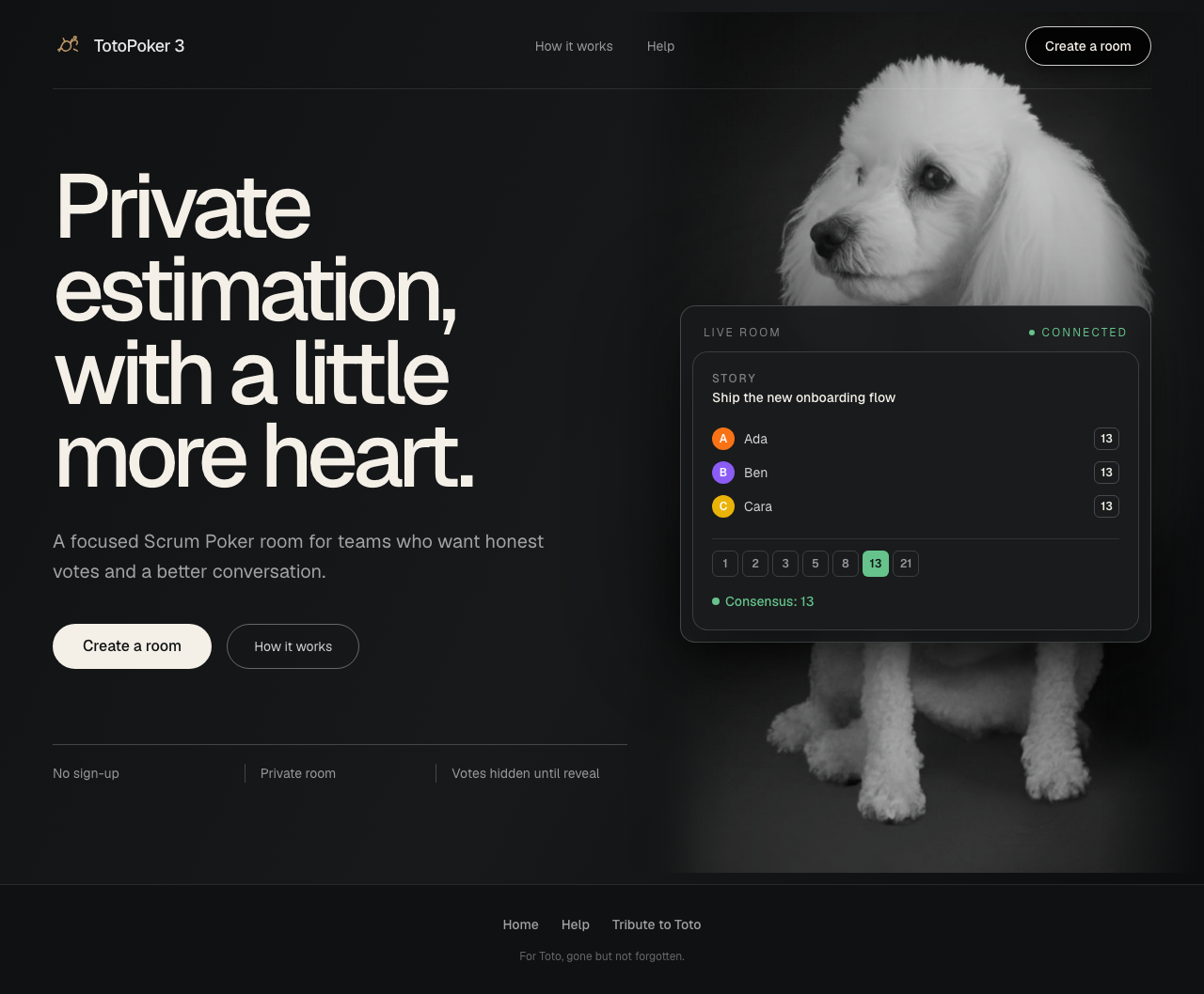 The dark TotoPoker 3 home page with a Create a room button and live room preview