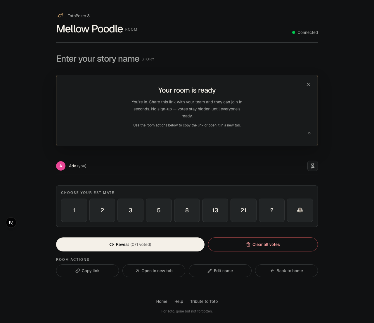 A fresh TotoPoker 3 room showing the Your room is ready invite panel