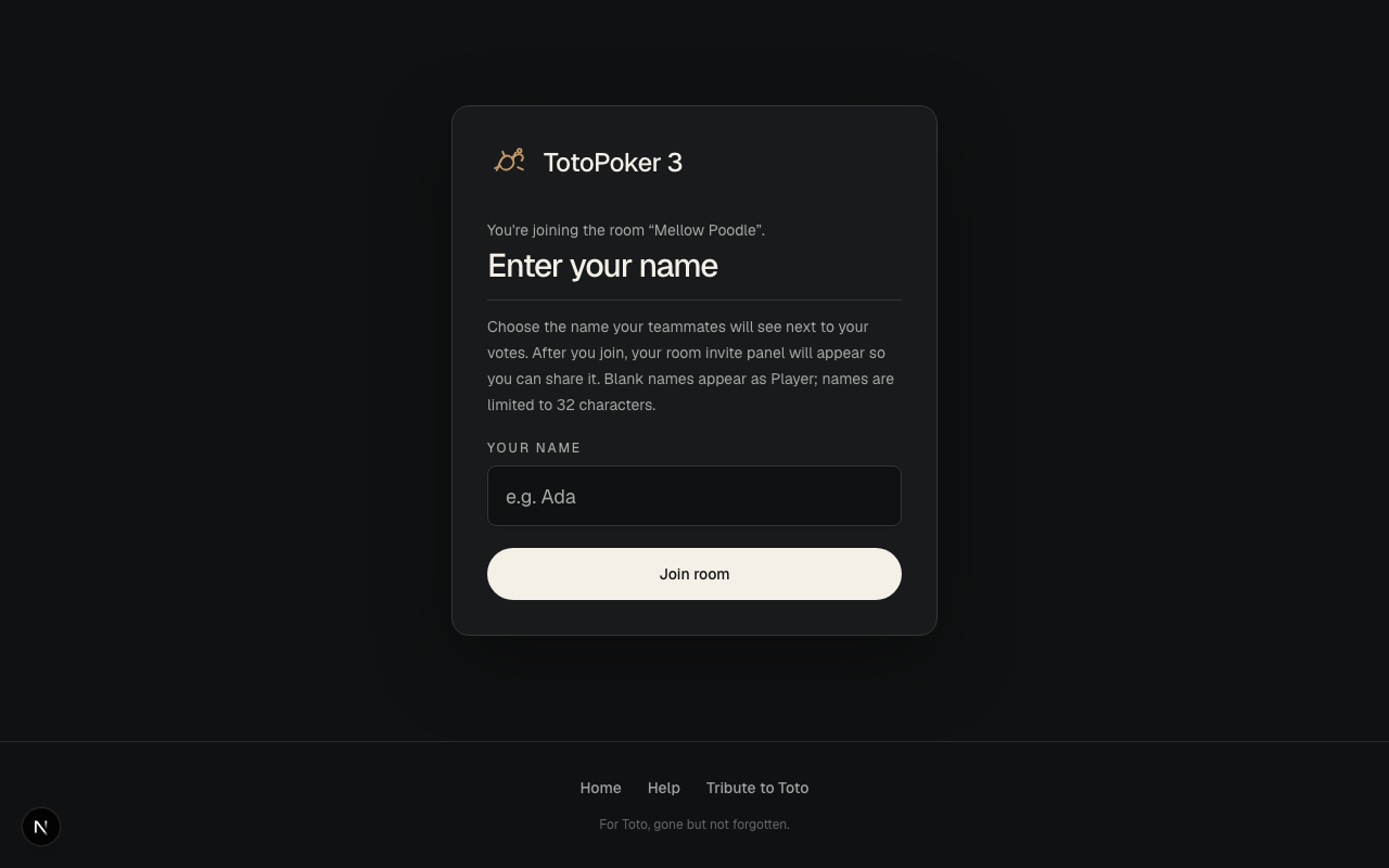The dark TotoPoker 3 name prompt asking for a player name before joining