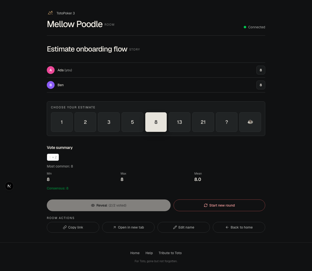 A TotoPoker 3 room with revealed votes, a consensus badge, and vote statistics