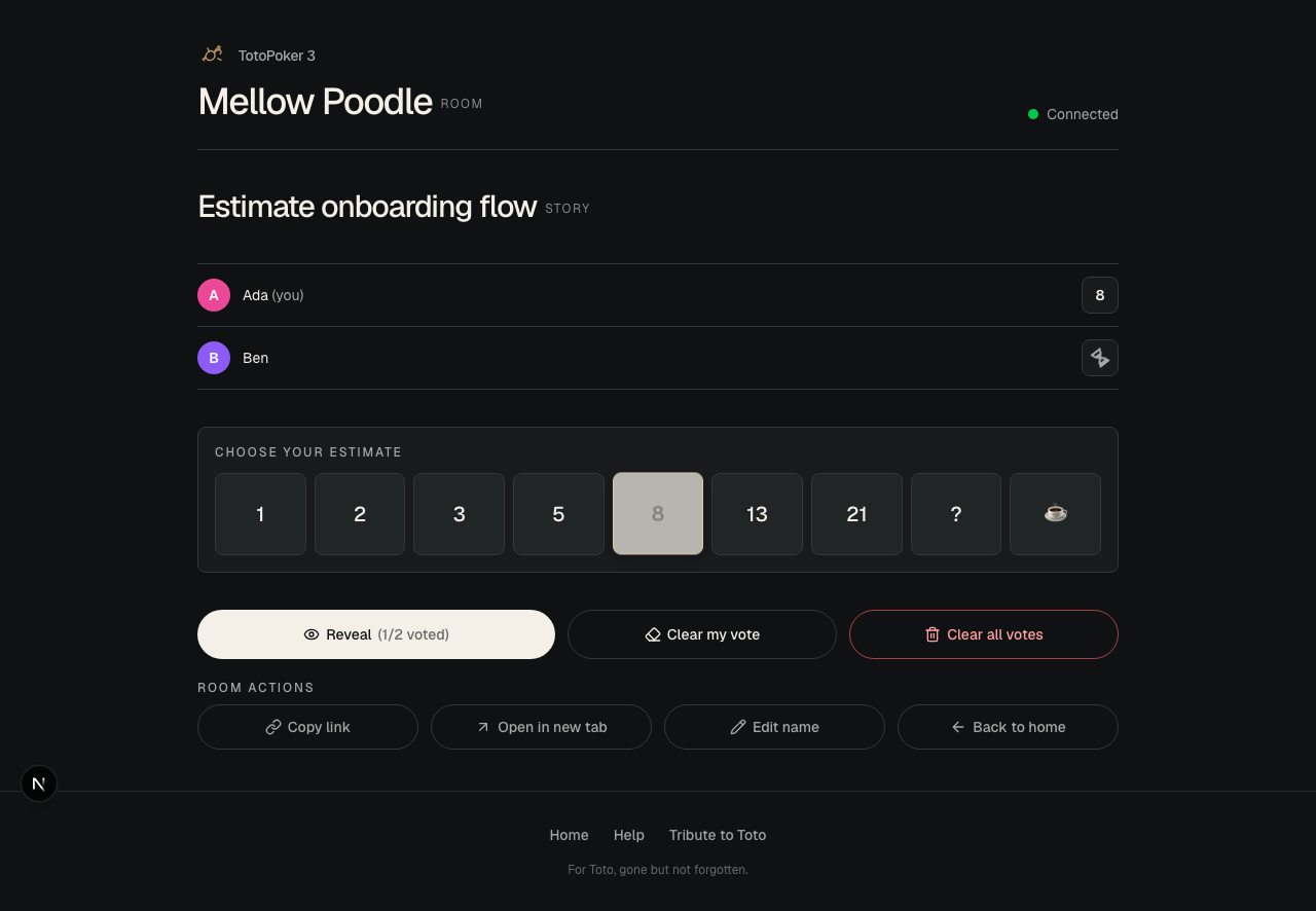A TotoPoker 3 room in an incomplete voting round with hourglass and checkmark indicators